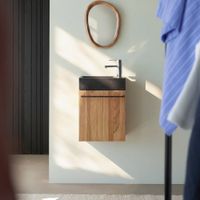 mueble lavamanos en teca maciza y cemento negro