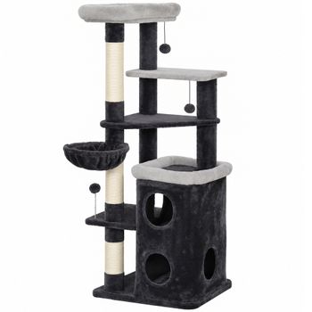 PawHut Árbol Rascador para Gatos 148 cm con Caseta de 2 Niveles 2 Camas Hamaca Postes de Sisal 3 Bolas Gris Oscuro