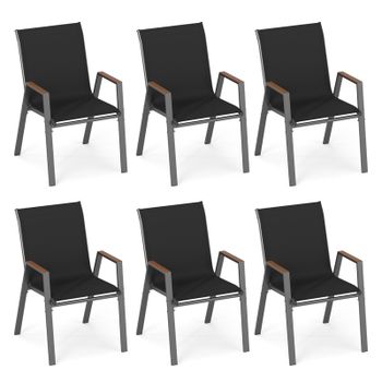 Costway Juego de 6 Sillas de Jardín Apilables Respaldo Alto Reposabrazos Ergonómicas Metal Tejido Transpirable para Terraza Patio Negro