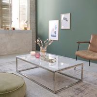 mesa de centro rectangular de marmol y metal blanca