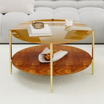 Mesa De Centro Redonda Dorada De Cristal Templado, 82 Cm, Con Base De Madera