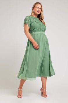 Yours London Vestido Verde Midi Con Cuerpo De Encaje, Mujer Curvy Y Tallas Grandes, Yours London