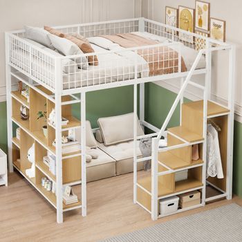 Cama Alta 140x200 Cm Blanca Con Escalera, Almacenaje Y Estructura Metálica