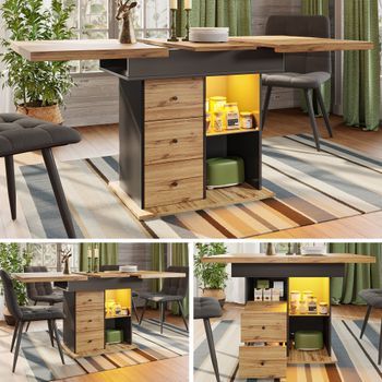 Mesa De Comedor Extensible Con 2 Cajones, 2 Compartimentos - Led - Mdf - Negro + Natural