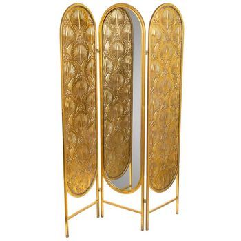Biombo De 3 Hojas De Metal Con Espejo Central Dorado 121x3x165.5