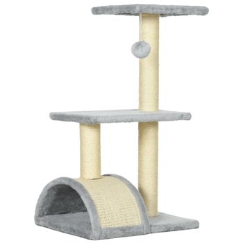 PawHut Árbol Rascador para Gatos Mediano de 3 Niveles con Rascador en Arco Plataformas Postes y Bola 40x35x72 cm Gris Claro