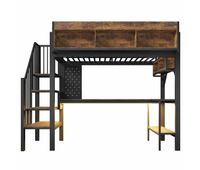 cama alta 90x200 cm - estilo vintage escritorio en esquina almacenamiento panel perforado enchufe usb tipo-c iluminacion led infantil en747 - negro  vintage