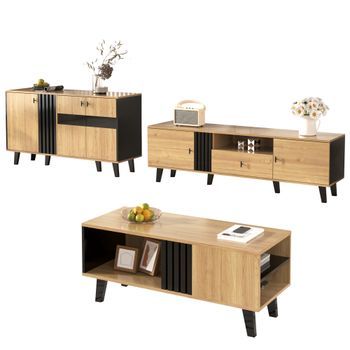 Conjunto Salón - Muebles - Tablero De Partículas Y Vidrio - Madera Y Negro (170x40x50.5cm)
