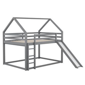 Litera Infantil Tipo Casita Con Tobogán, 140 X 200 Cm, Gris Y Blanco