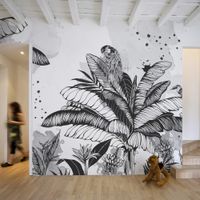 papel pintado panoramico paisaje de jungla y loro blanco y