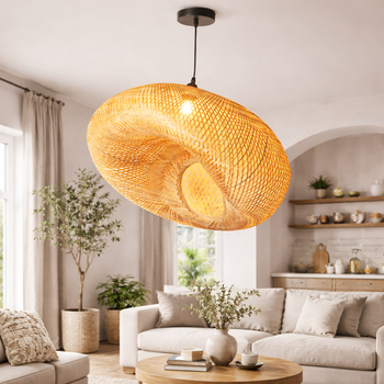 Lámpara Colgante De Bambú Y Mimbre Ø45 Cm E27 Negra Estilo Boho Artesanal Para Salón