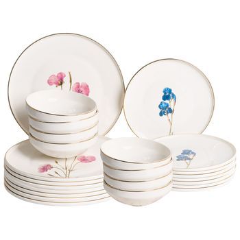 Vajilla De 24 Piezas De Porcelana Acabado Esmaltado Con Diseño Floral Multicolor Para 8 Personas Comedor Cocina Blanco Hyssop