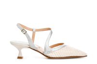 zapato de salon abierto por detras modelo asimetrico de red con pedreria en la parte delantera whitesilver