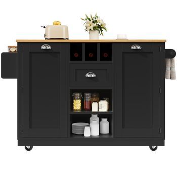 Isla De Cocina Plegable Con Ruedas, 140 X 40 X 93,5 Cm, Encimera De Mdf Negra