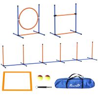 pawhut juego de agilidad para perros de 4 piezas con piquetes para slalom zona de reposo valla y anillo de salto naranja y azul