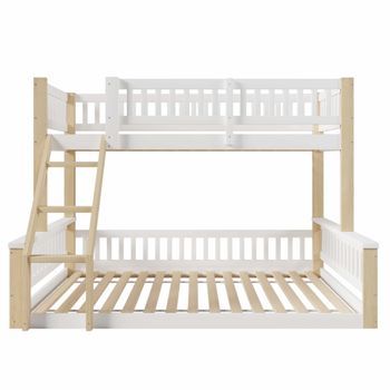 Litera, 90x200cm+140x200cm - Escalera, Barandilla, Estilo Sencillo - Blanco + Natural
