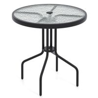 costway mesa de comedor para patio de 70 cm mesa redonda de bistro con estructura metalica y superficie de vidrio templado con agujero para sombrilla