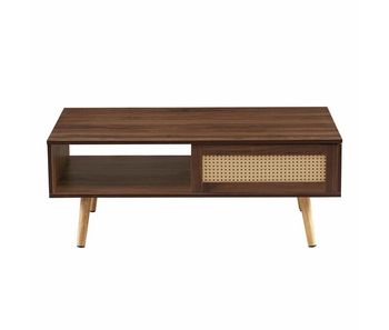 Mesa de centro 105x55x40 cm - mimbre trenzado, puertas correderas, patas de madera maciza, estilo moderno - marrón