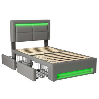 Cama Tapizada 90x190 Cm, Con Puerto Usb (admite Carga Inalámbrica Y Por Cable), Con Iluminación Led Y Cuatro Cajones, Pu-litschi, Gris