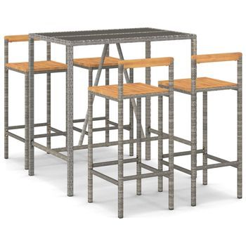 Mesa Bar Y Taburetes Jardín 5 Piezas | Mueble De Jardín Madera Acacia Ratán Pe Gris
