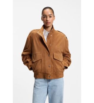 BOSS para mujer. 50562753 Cazadora de piel Sabea marrón (38), Casual, Ante