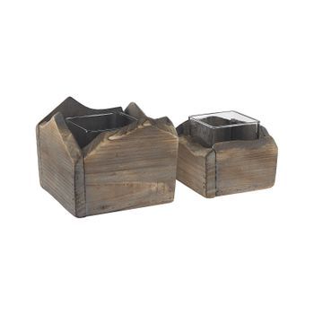 Juego De 2 Candelabros Madera Marrón Oscuro Aspecto Envejecido Hecho A Mano Rústico Natural Plateros