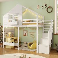 sweiko cama mezzanine infantil 90x200 cm  escalera con almacenamiento ventana barandilla blanca - blanco