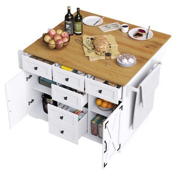 Isla De Cocina Blanca, Carrito De Cocina Multifuncional Plegable, Mueble Buffet Móvil Con Almacenaje, 147x70x93cm, Mdf Y Metal, Blanco
