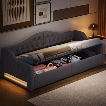 Cama Con Canapé De 90 X 200 Cm Con Cabecero Y Respaldo - Tejido De Lino - Led - Gris (sin Colchón)