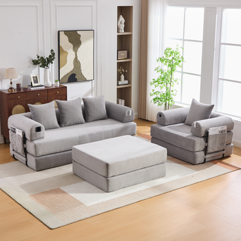 Canapé Modular De 4 Plazas En Terciopelo Acanalado Con Puff, Metal, Bolsillo Lateral, 4 Cojines Cómodos, Espuma De Alta Densidad, Combinación Libre.