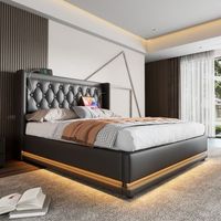 cama doble tapizada con cofre hidraulico cabecero tapizado con usb-c iluminacion led en 3 lados 180x200 cm negro