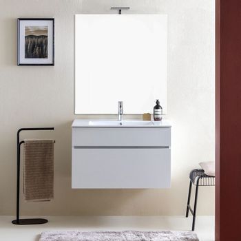 Mueble De Baño Suspendido 80cm Blanco Con Lavabo Y Espejo 80x110 | Sol