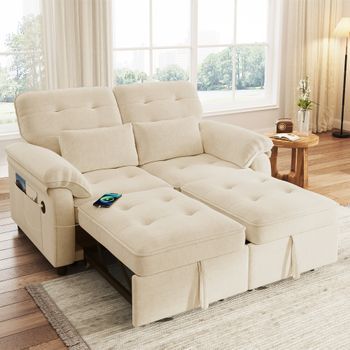 Sofá Convertible De 2 Plazas Con Respaldo Reclinable, Puertos Usb/tipo C Y Bolsillos - 142 X 90 X 86,5 Cm - Chenilla - Con Función Sueño - Beige
