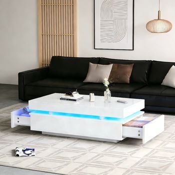 Mesa De Centro Blanca Con Led, 100 X 50 X 35 Cm Y 2 Cajones