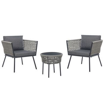 Conjunto De Balcón De Ratán Gris Claro Negro Sintético Cojines Mesa Gargano