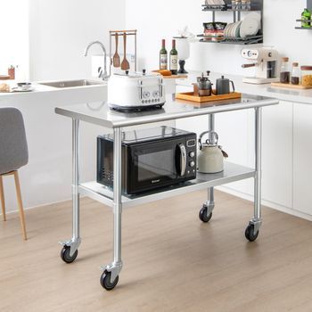 Mesa De Trabajo Acero Inoxidable Preparación Con 4 Ruedas Patas Galvanizadas Estante Ajustable 122 X 61 Cm Cfw59933
