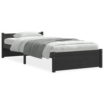 Cama Individual | Cama Para Adultos | Estructura De Cama Individual Madera Maciza Negra 75x190 Cm