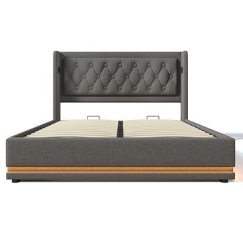 Cama Doble 160x200cm, Algodón, Led 3 Lados, 16 Colores, Usb C, Cabecero Capitonado, Hidráulica, Colchón Incluido, 720 Resortes, Gris