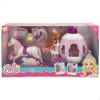 COLORBABY Bella - Muñeca princesa con carruaje, muñeca articulada 15 cm, carruaje con puerta abatible, caballo blanco, incluye bolso y corona, diseño en tonos rosa y morado, juguetes para niñas 3