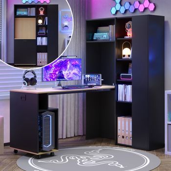 Escritorio Plegable Con Estantería 104,5 × 30,5 × 160 Cm, Enchufe Y Usb, Negro Y Roble