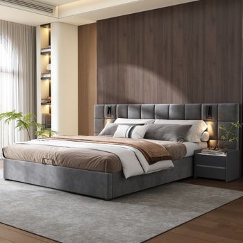 Cama Abatible De 180 X 200 Cm Con Cabecero Ancho Acolchado - Lámparas De Lectura + Puerto Usb - Terciopelo - Gris (colchón No Incluido)