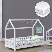cama para ninos de madera pino sisimiut con colchon ortopedico - 70 x 140 cm - cama infantil con reja protectora - forma de casa - casita - blanco lacado mate encasa