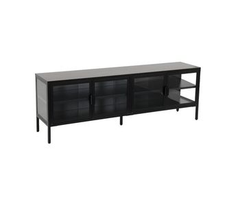 Mueble de tv industrial metal y vidrio templado con 4 puertas, 160cm, arkansas, negro, 160x35x55 cm