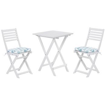 Conjunto Bistró De Jardín Blanco De Madera De Acacia 3 Piezas Con Cojines Azul Y Blanco Plegable Diseño Moderno Fiji