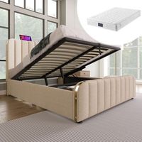 cama doble acolchada con cabecera acolchada almacenamiento hidraulico carga usb-c 140x200 cm lino beige con colchon