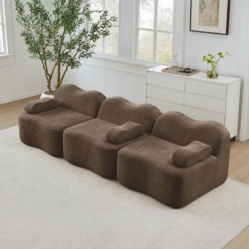 Sofá Modular 3 Plazas Espuma Alta Densidad 32d Forma Ondulada Asiento Profundo Cojín Brazo Desmontable Marrón