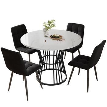 Juego De Comedor 5 Piezas, Mesa De Comedor Redonda 100 Cm Diseño Mármol, Sillas De Terciopelo, Mdf Y Metal, Blanco Y Negro