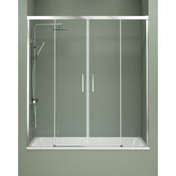 Mampara Bañera Frontal Corredera 2 Puertas - 2 Fijos Cromo | Cristal De 6mm | Antical | 140-180cm | Transparente - Cromo Brillo - Transparente 180 Cm (adaptable 174-179cm)