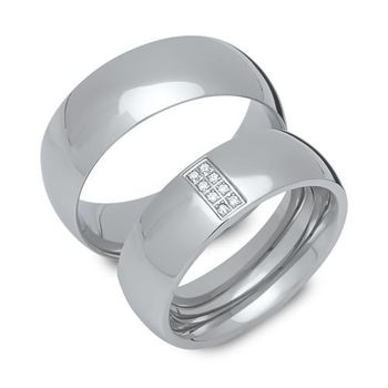 Alianzas de boda de acero inoxidable pulido con 8 circonitas
