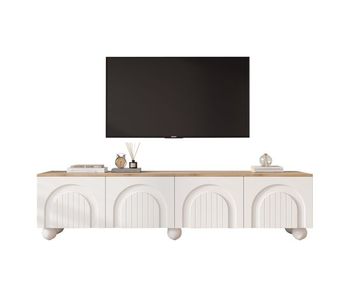 Mueble tv 180x40x45 cm - 4 armarios, 6 patas metálicas, adecuado para tv de 80'' - blanco + natural